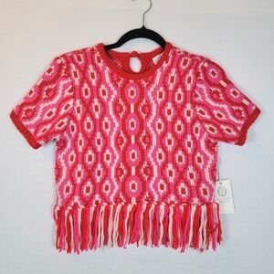 Hyacinth House Womens Knit Crochet Wool Fringe Keyhole Top Size Small Red